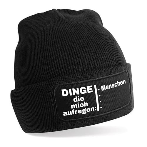 Herzbotschaft Beanie Strickmütze mit Spruch | Dinge die Mich aufregen: Menschen | schwarz | Unisex SoftTouch angenehm weiche und warme Wintermütze | OneSize Einheitsgröße für Erwachsene