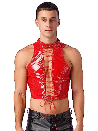 FEESHOW Herren Männer Lack Leder Top Shirt Glänzende Crop Tank Top Bauchfrei Party Gogo Clubwear Bühnenkostüm Muskelhemd A_Rot L