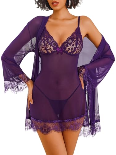 Avidlove Damen Dessous Set 3-Teiliges Sexy Spitze Unterwäsche Slip Nachthemd Lingerie Morgenmantel Frauen Mesh Negligee Kimono Strapsen Reizwäsche Babydoll mit Höschen Lila L