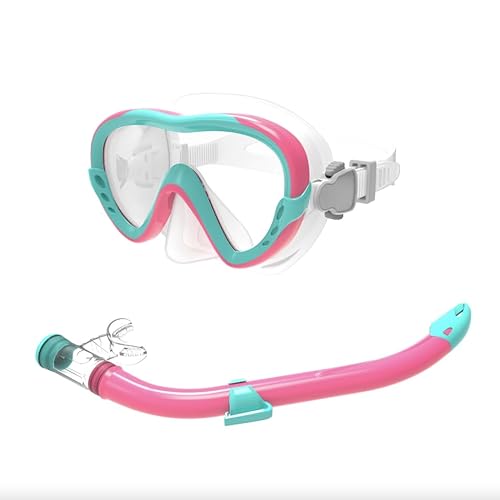 Schnorchelset Kinder - Anti-Leck Anti-Fog Tauchmaske Taucherbrille Trocken Schnorchel Silikonmaterial - Schnorcheln Set für Jungen Mädchen (Colorful Coral - Rosa/Minze)