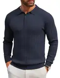 COOFANDY Polohemd Herren Strick Langarm Feinstrick Einfarbig Schmale und Breite Streifen Pullover mit Polokragen Regular Fit Langarmshirt Dunkelblau L