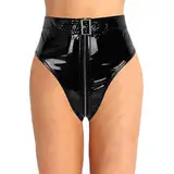 TiaoBug Damen Wetlook Ouvert-Slip String Tanga High Cut Thong High Waist Bikinislip Lack Leder Hipster Glänzend Shorts mit Reisverschluss Gogo Outfits Clubwear Schwarz M