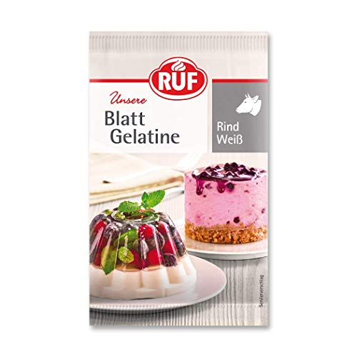 RUF Blatt Gelatine Rind, halal-zertifiziert, 100% Rindergelatine, Halal Food, Bindung von Torten, Desserts und Halal Süßigkeiten, glutenfrei, 12 Blätter