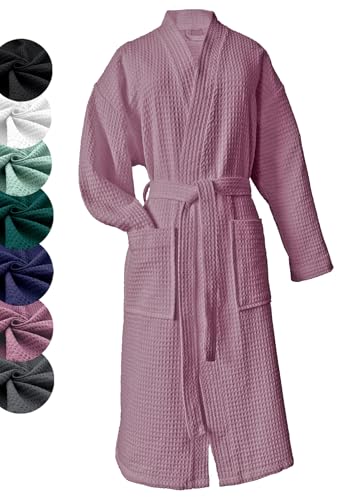 heimtexland ® Bademantel Waffelpique Reisebademantel Saunamantel 100% Baumwolle Oekotex leicht schnelltrocknend hautfreundlich für Damen und Herren Typ881 Mauve L