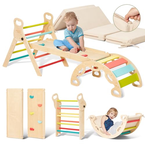 Giant bean 5-in-1 Montessori Kletterdreieck mit Kletterbogen und Rutsche, Holzdreieck für Kleinkinder ab 1-3, Indoor Kletterspielzeug, Regenbogen mit Kissen, S