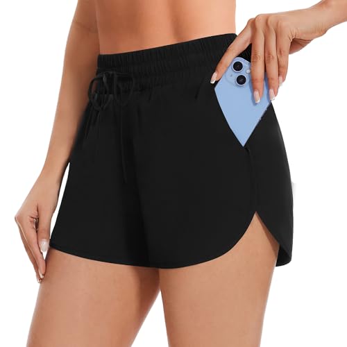AKKQHH Sport Shorts Damen Sporthose Kurz mit Tasche Sommer Atmungsaktive Laufhose Schnelltrocknende Running Fitness Yoga Trainingshose Jogginghose(Schwarz,L)