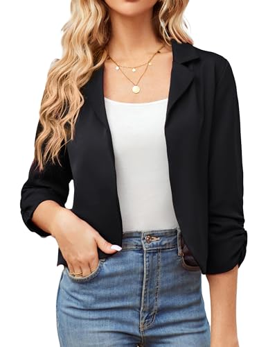 GRACE KARIN Damen Casual Cropped Blazerjacke 3/4 Ärmel Offene Blazer kurz Leicht Jacke Business Mantel Strickjacke Cardigan S Schwarz-Anzugstoff CL2584A23-01