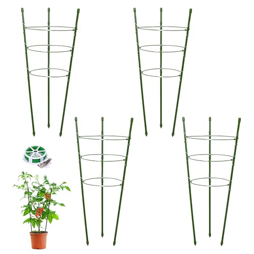 MYMULIKE Tomaten Rankhilfe 4 Sätze, Tomato Rack Round Green 45CM, Einstellbar Rankstütze Für Kletterpflanzen Rund, Geeignet für Tomaten, Gurken, Zimmerpflanzen, Gartenpflanzen with tie 20M/1 roll