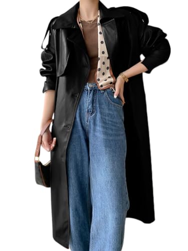 Onsoyours Ledermantel Damen Trenchcoat Herbst Elegant Mode Jacke Langer Mantel PU Leder Wintermantel Windjacke Übergangsmantel Einfarbig Revers Damenmantel B Schwarz S