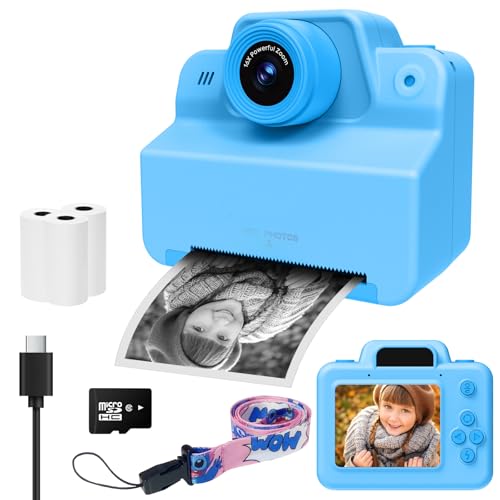 Sofortbildkamera Kinder Kamera, 1080P HD Sofortdruck von Fotos Kinderkamera, Digital Videokamera mit 3 Rollen Druckpapier, Geschenke für Geburtstag Weihnachten, Spielzeug für 3-12 Mädchen Jungen, Blau