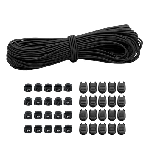 30m Elastische Gummischnur 3mm Elastische Runde Schnur Elastische Dehnbare Schnur Mit 20Pcs Reißverschluss Pull Cord Lock Cord,20PCS Doppel-Loch Frühling für Rucksack,Schnürsenkel(Schwarz, 3mm*30m)