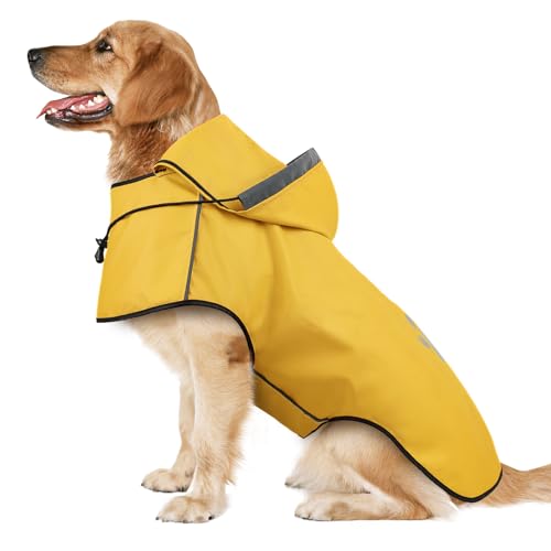 Hunderegenmantel DQGHQME Regenjacke Hunde Reflektierend, Regenmantel Hund Wasserdicht, Regencape Hund Mit Kapuze, Verstellbare Regenjacken für Kleine Mittelgroße Groß Hunde mit Klettverschluss-Gelb-XL