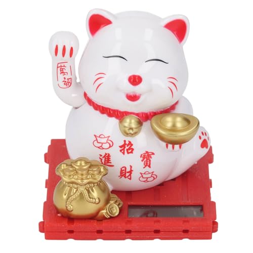 Solar Weaving Wealth Cat für das Glück, Süße Solar Feng Shui Lucky Cat Figur für Büroschreibtisch und Auto -Armaturenbrett (White)