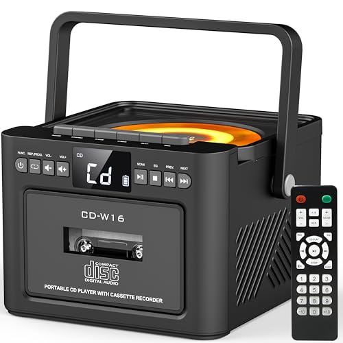 Greadio CD Player Tragbar, Boombox mit CD Radio, Kassettenspieler, Bluetooth, Fernbedienung, UKW Radio, AUX/USB/SD Karte-In, 5000mAh wiederaufladbare Batterie, 5W Lautsprecher, LED Bildschirm, Schwarz