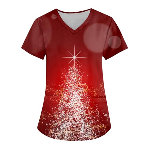 Weihnachts Kasack Damen 2024 Mode Pflege V Ausschnitt Kleidung Weihnachten Muster Schlupfkasack Kurzarm T-Shirt Medizinische Uniformen Krankenschwester Angebote(3-Wine,5XL)