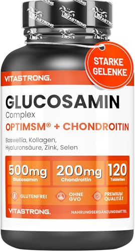Glucosamin Chondroitin mit MSM Kollagen und Hyaluronsäure, Zink, Selen, Mangan, Boswellia, Glucosamin Komplex MSM Supplement, Knochen, Gelenke, Knorpel, Vitastrong Premium-Qualität Glutenfrei Ohne GVO