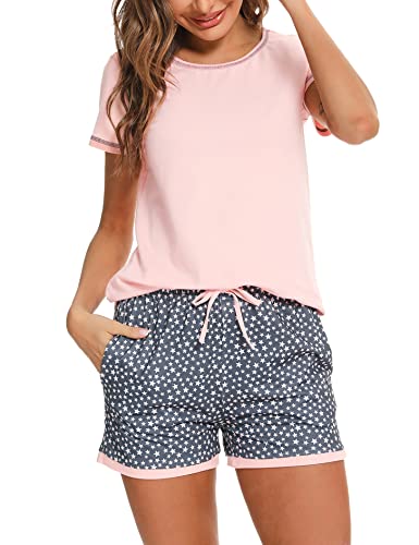 Litherday Pyjama für Damen, Sommer, Kurze Ärmel, Pyjama-Set, Baumwolle, Nachtwäsche, Bedruckt, kariert, bequem, weich, atmungsaktiv, A Rosa., 38
