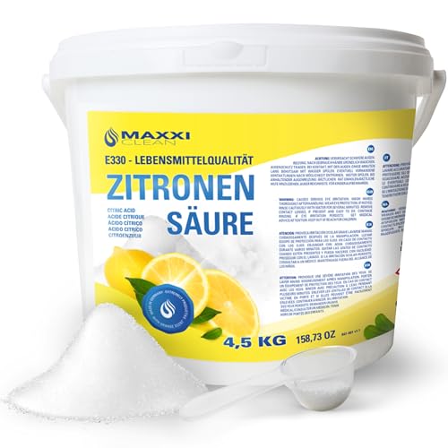 4,5 kg Zitronensäure Citric Acid E330 Lebensmittelqualität im wiederverschliessbaren Eimer mit Messlöffel - ökologischer Entkalker und Säuerungsmittel