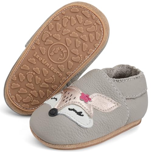 IceUnicorn Krabbelschuhe Baby Lauflernschuhe Weicher Leder Jungen Mädchen Lederschuhe Babys Rutschfeste Krabbelschuhe mit Gummisohle Babyschuhe(Grau Rosenfuch, 12-18 Monate)