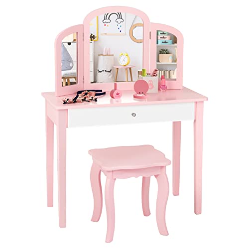 DREAMADE Schminktisch Kinder mit Hocker und abnehmbarem Spiegel,Prinzessin Frisiertisch, Frisierkommode, Kosmetiktisch, Kinderschminktisch mit Kiefernholz-Beine für Kinder Mädchen (Rosa)