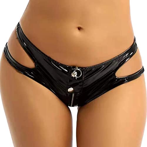 FEOYA Unterhosen Damen Sexy Lederlook Schwarz Hipster mit Reißverschluss Slip Unterwäsche Hohe Taille Komfort Höschen Hotpants Wetlook M