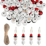 YONGQING 120 natürliche Holzperlen für 30 Sets Schneemänner mit Schnur, 20mm Schneemann-Gesicht Holzperlen-Set für DIY-Basteleien, Weihnachten, Halloween, Winter-Dekorationen (Rote Mütze)