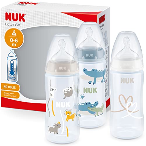 NUK First Choice+ Babyflasche im Set | 0–6 Monate | Temperature Control Anzeige | 300 ml | Anti-Colic-Ventil | BPA-frei | Trinksauger aus Silikon | 3 Stück | Safari