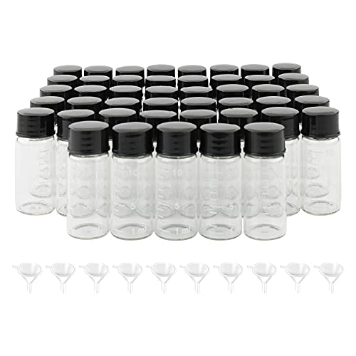 NewZoll 45 x Glasflaschen, 10 ml, klares Glas, Probenfläschchen, Behälter mit Graduierung und Schraubverschluss, 10 Trichter enthalten