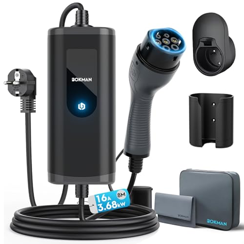 bokman Typ 2 Schuko EV-Ladegerät, 8 Meter | 16A | 3,68kW | IP65 Wasserdicht, Tragbares EV-Ladegerät für IEC 62196-2 mit Tragetasche & Mikrofaserhandtuch