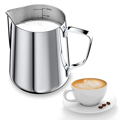 Newaner 350ml Milchkännchen zum Milchaufschäumen 304 Edelstahl, Milchkanne mit Messung Mark 12oz Barista, Milch Pitcher Cappuccino, Espresso, Latte Art, Perfekt für Kaffeeliebhabe, Silber