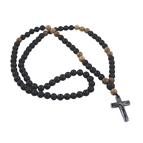 Katholische Holzperlenkette Mattschwarze Onyx-Kreuzkette Schlank Anhänger Halskette mit Flanell Tasche Kreuz von Jesus Halskette Lange Pulloverkette Kleidung Accessoires für katholische, christliche