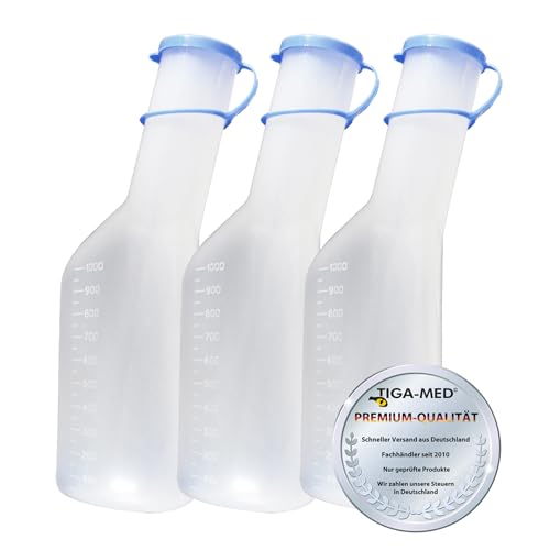 Tiga-Med Urinflasche 1Ltr. für Männer 3er Set Urinflaschen aus stablilem PP-Material Urinente mit Deckel