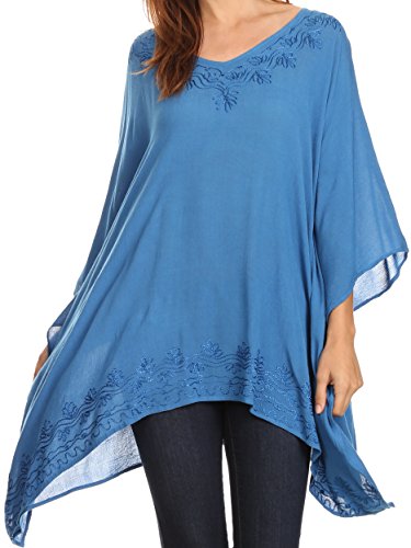 Sakkas K2022S - Wren Leichte Kreis Poncho Spitzenbluse mit detaillierten Stickerei - Blue - O