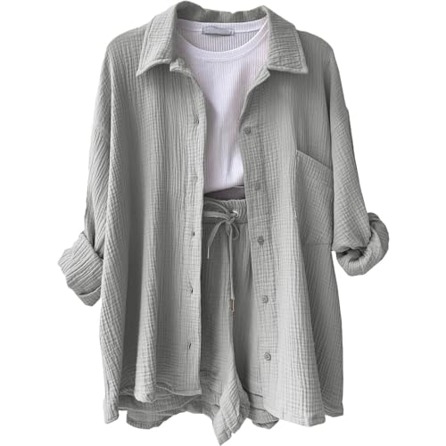 DHYUEN Longbluse Damen Lässig Für Leggings Festival Rüschenbluse Musselin Shorts Damen Sport Shirt Musselin Sommerbluse Blusenjacke Hochzeitsgast Outfit Damen Oberteile Lounge Set(2-Light Gray,M)