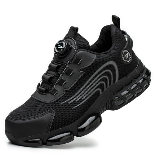 GemChve Arbeitsschuhe Sicherheitsschuhe Herren Damen Stahlkappen Anti-Smashing Leicht Sportlich Atmungsaktiv Selbsthemmend Schnellverschluss Mode Schutzschuhe Black 43 EU
