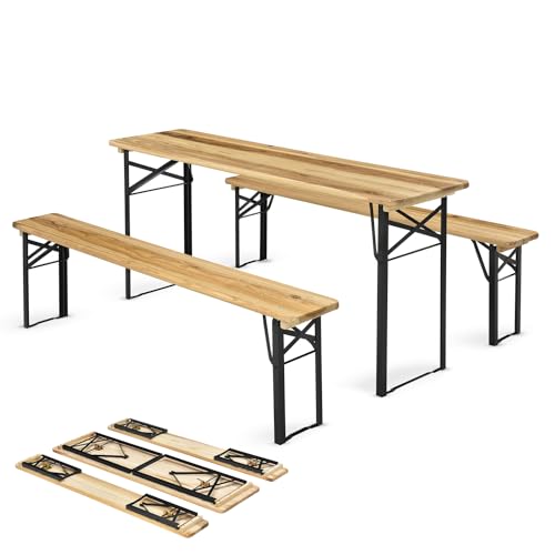 Juskys Bierzeltgarnitur Bichl 3-teilig & klappbar 170x46x77 cm - Gartenmöbel Set Biertisch & 2 Bierbänke - Festzeltgarnitur Holz Camping Garnitur