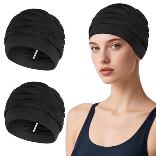 Kiiwah 2 Stück Badekappe Damen, Atmungsaktiv Schwimmkappe Elastische Polyester-Stoff Schwimmhaube für Frauen Dicke Lange Haare Sommer, Strand, Urlaub, Hallenbad