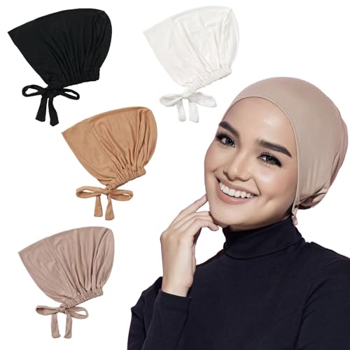 Luckwaii 4 Stück Hijab Untertuch Frauen Kopftuch Damen Hijab Muslimische Turban Damen Verstellbarer Elastische Atmungsaktive kopftücher Chemo mit Kordelzug Tie-Back-Verschluss Hijab (4 Farben)