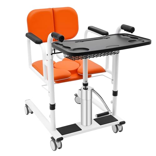 KiwiHood Hydraulischer Patientenlift für Zuhause, Tragbarer Transportrollstuhl mit 150kg Tragkraft, Höhenverstellung 41-65cm, 180° Klappfunktion, Toiletteneinsatz und Esstisch-Funktion (Orange)