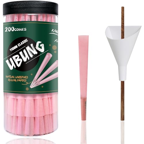 UBUNG CONES, 200 Pack, King Size Pink Pre Rolled Cones With Tips, Slow Type Rolling Paper, Length 4.25 in / 108 mm, Including 1 Cone Loader And 1 Push Rod