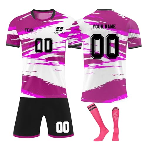 Benutzerdefiniert Fussball Trikot mit Name Nummer Team Logo Fußballtrikots T-Shirt und Shorts Personalisiertes Football Trikot Kinders Erwachsene Personalisierte Fußballtrikot Shorts und Socken Set