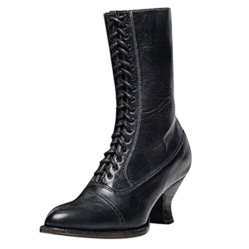 Stiefeletten Damen Mit Absatz - Gothic Schnürung Lederstiefel Vintage Viktorianische Stiefel Mit Schnüren Mittelalterliche Retro Knöchelstiefel Spitz Stiefeletten Halbschaft Stiefel Gardestiefel Gr.42