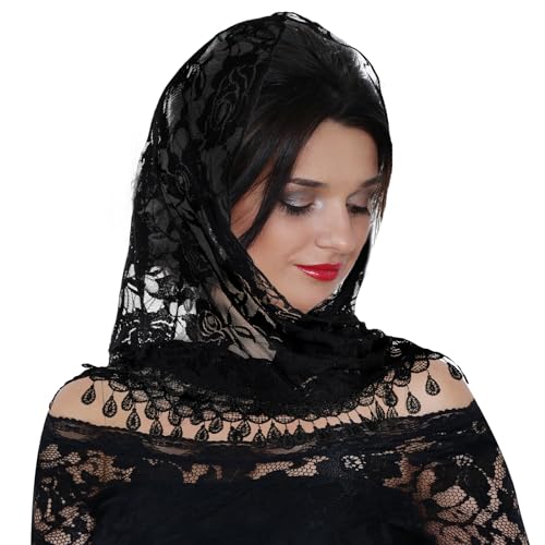 Sibba Spitze Schal Damen Schleier Tüll Kopftuch Stola Elegante Hochzeit Brautschleier Spitzenborte Mantilla Schleier Festlich Kirchenschleier Schwarz Sommer Halstuch für Kapelle Braut Abendkleid Party