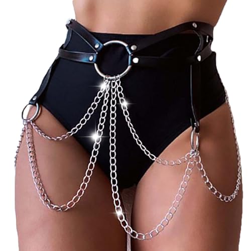 Flovel Punk Leder Körperketten Schwarz Geschichtete Taille Kette Rave Sexy Bauchkette Nachtclub Körperzubehör Schmuck für Frauen und Mädchen