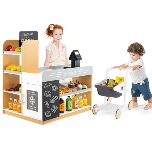 COSTWAY Kaufmannsladen, Kaufladen Kinder mit Einkaufswagen, Supermarkt Holz mit Kasse & 2 Tafeln, Einkaufsladen für Kinder ab 3 Jahren