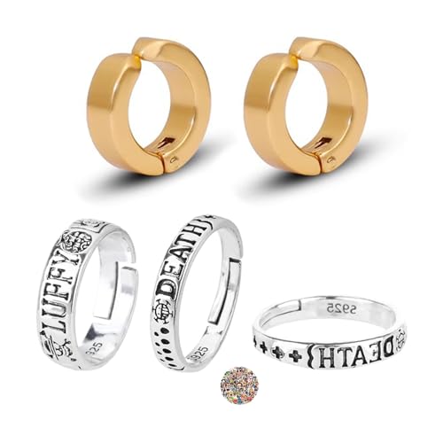 Zaky Anime Nautische Luffy Skelett Ringe Anime-Schmuck Trafalgar Herren Ohr Knochen Clip Manschette Ohrringe Ring Set mit Cartoon Charakter Zoro Aufkleber 15 Stück