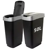 2friends Duo Mülleimer Küche 2 Fächer 50L - Geruchsdicht Doppel Abfalleimer mit Schwingdeckel 2x50 Liter Groß, 60x45x34 cm, Robust Recycelbarer Kunststoff, Schwarz/Silber, Made in EU