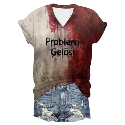 Problem Gelöst Print Halloween Tshirt Damen I'm Fine Blood Kurzarm V-Ausschnitt T Shirt mit Blutigem Bedrucktes Shirts Blut Verletzung Halloween-Kostüm Horror Leicht T-Shirt Tops Oberteil