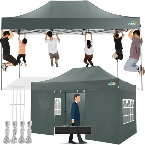 COBIZI Pavillon 3x4,5 Wasserdicht Stabil Winterfest mit 4 Seitenwand,Popup Faltpavillon Partyzelt,Faltbarer Sonnenschutz Gartenpavillon für Strand Hochzeit Camping mit Handtasche(3 mal 4,5m Grau)