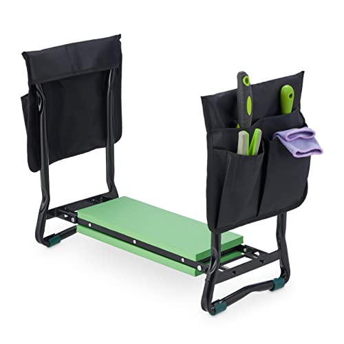 Relaxdays Kniebank für Gartenarbeit, klappbar, gepolstert, gelenkschonende Kniehilfe, Taschen, bis 150kg, schwarz/grün